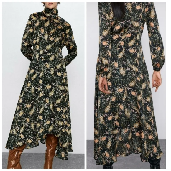 Zara Blogger FAV Floral Midi Dress high mock neck full A-line skirt curved hem S - Picture 2 of 12